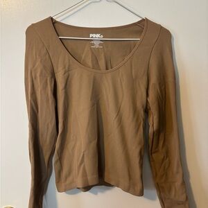 PinkDot Ribbed Long Sleeve Scoop Neck Top - Tan Brown
